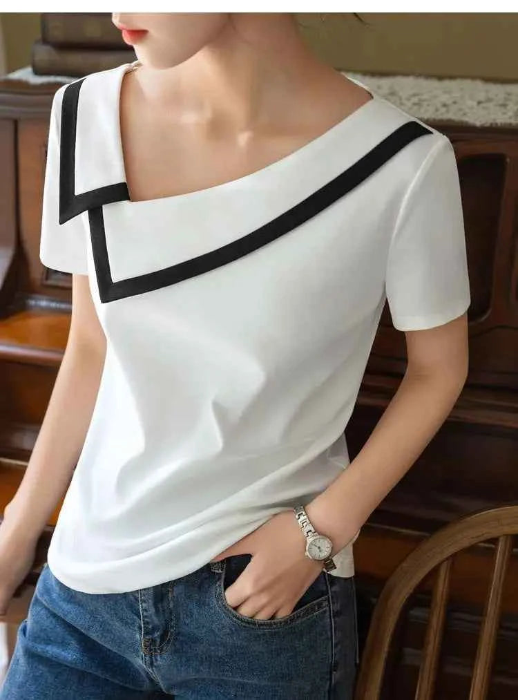 French Haute Couture Niche Design Black White Panelled Diagonal Neck Short Sleeved T-shirt Women's Patchwork Fashion Slim Top
