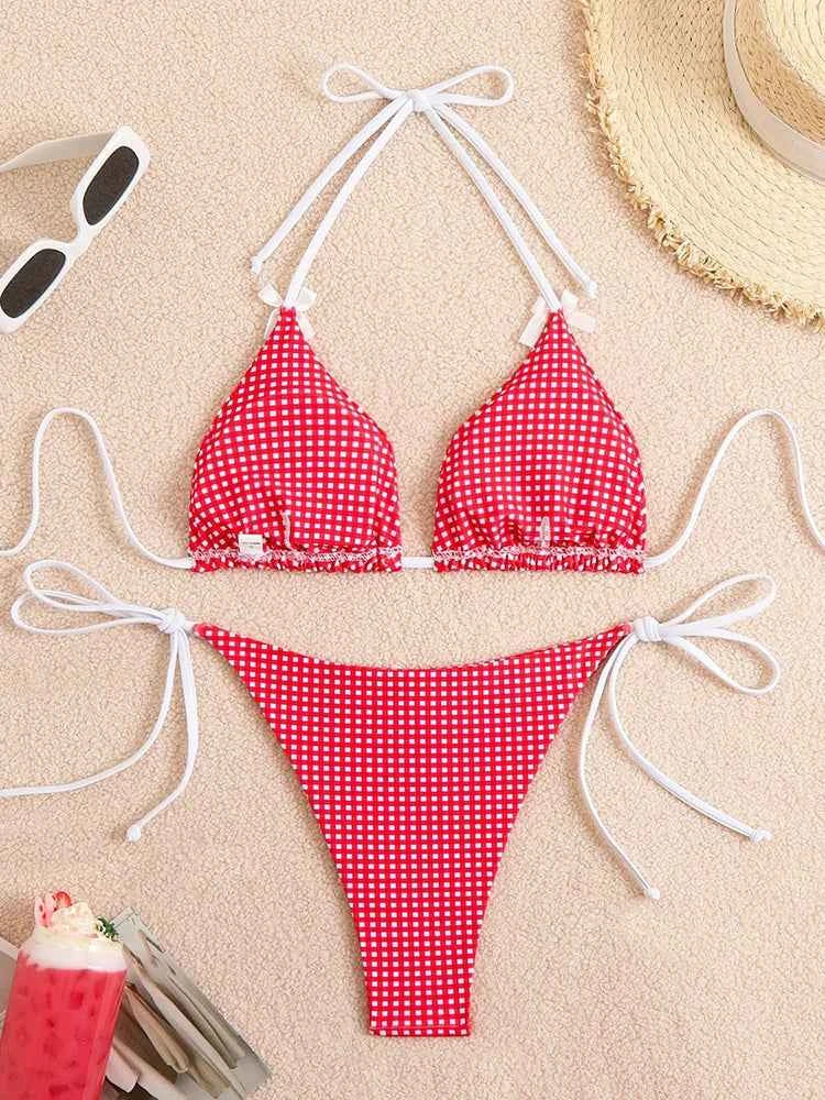 Circyy 2026 Bathing Suit Women Plaid Dot Split Swimsuit Neck-mounted Bow Tie Beachwear Vintage Simple Two-piece Bikinis Summer