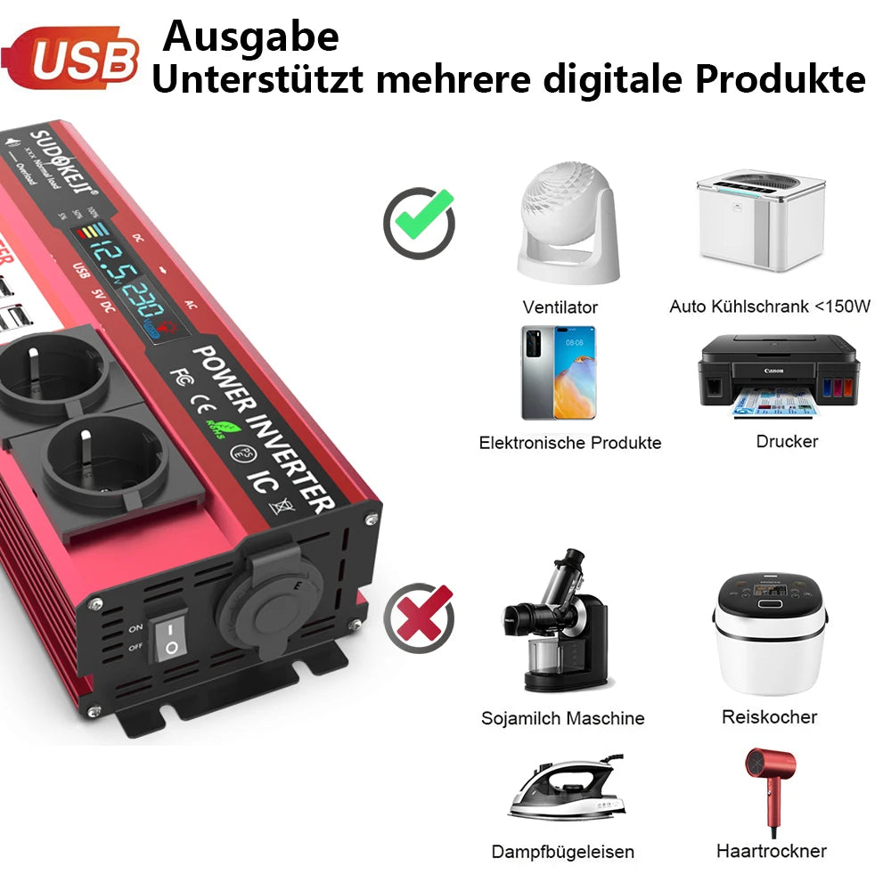 12V To 220V 4000W Peak Power Inverter 800W Continuous Power LCD Display EU Socket Solar Inverter Dual USB  for Phone Laptops Car