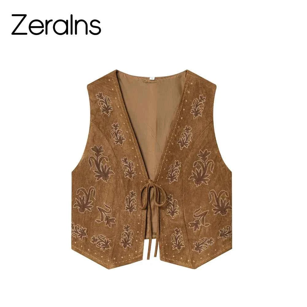 ZERAINS Autumn new women's clothing European and American style bead embroidery suede texture effect vest