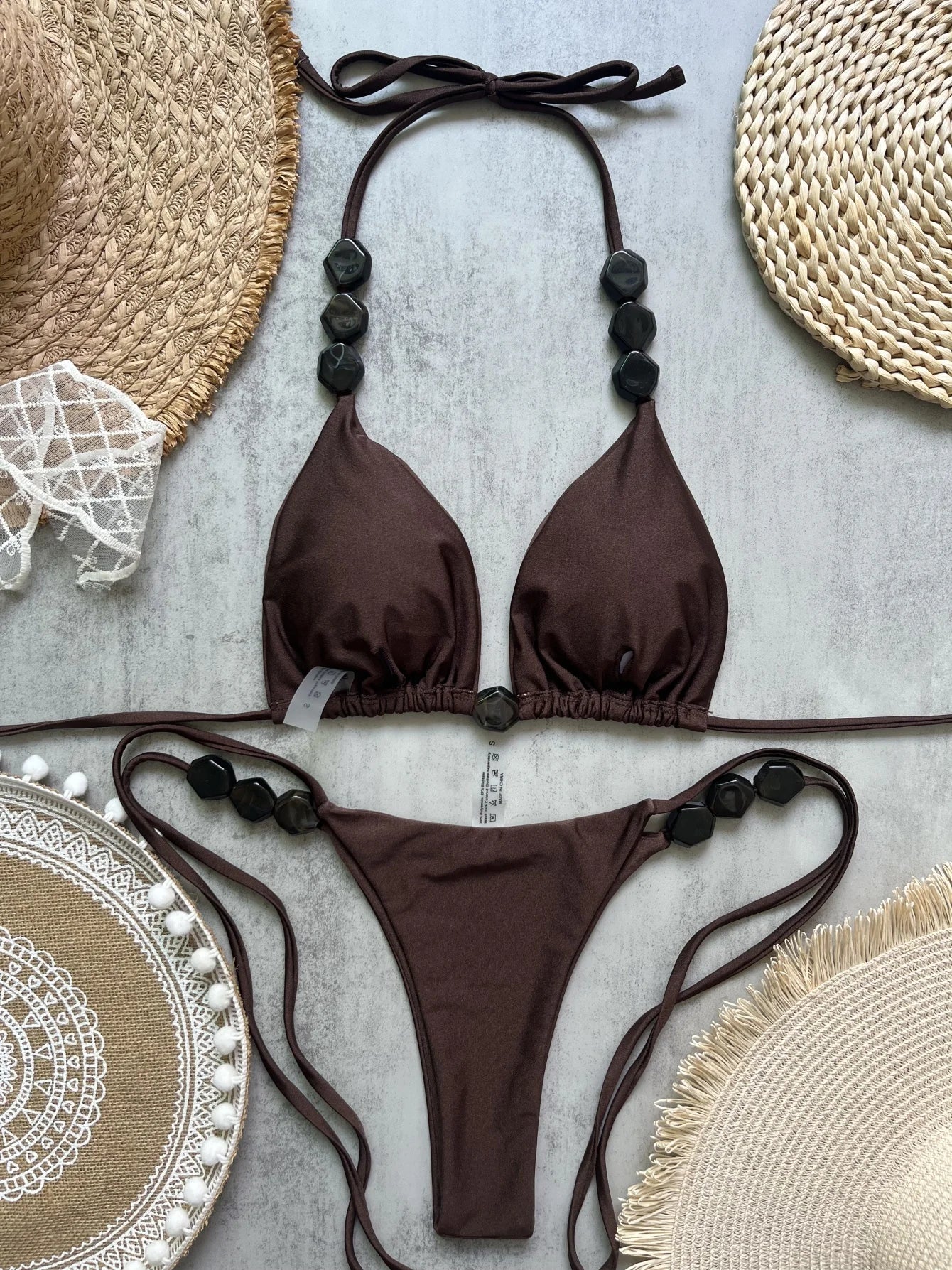 2026 Sexy Bead Bikini Swimwear Women Halter Bikini Swimsuit Beach Halter V Neck Bikini Set Beachwear Summer Bathing Suit