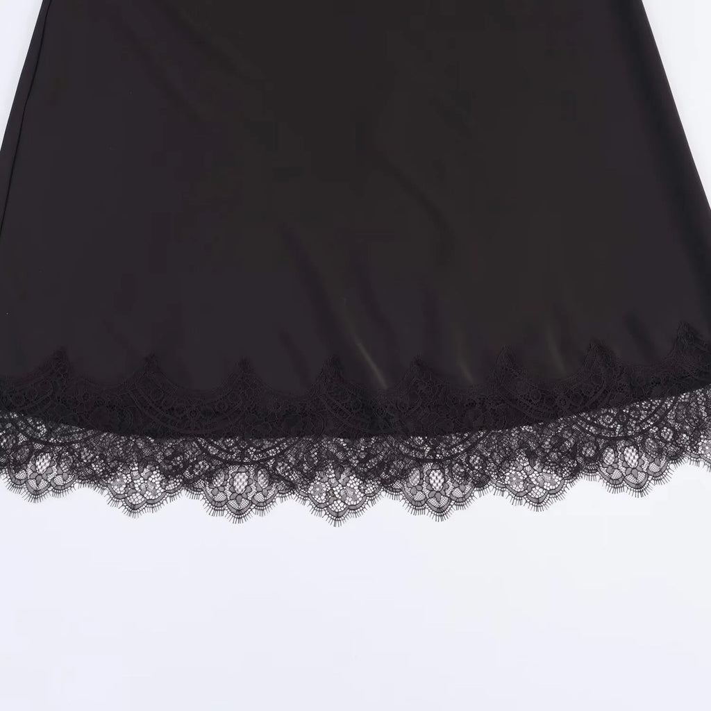 SAW Independent Station Sexy Lace Patchwork Satin Feel Mini Skirt Autumn Fashion Trendy Polyester Fiber Long A-Line Skirt