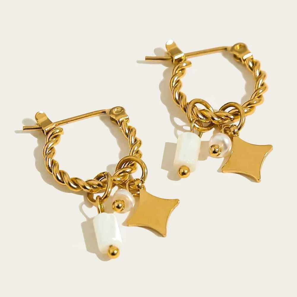 YACHAN 18K Gold Plated Stainless Steel Hoop Earrings for Women Vintage Green Natural Stone Charms Trendy Waterproof Jewelry