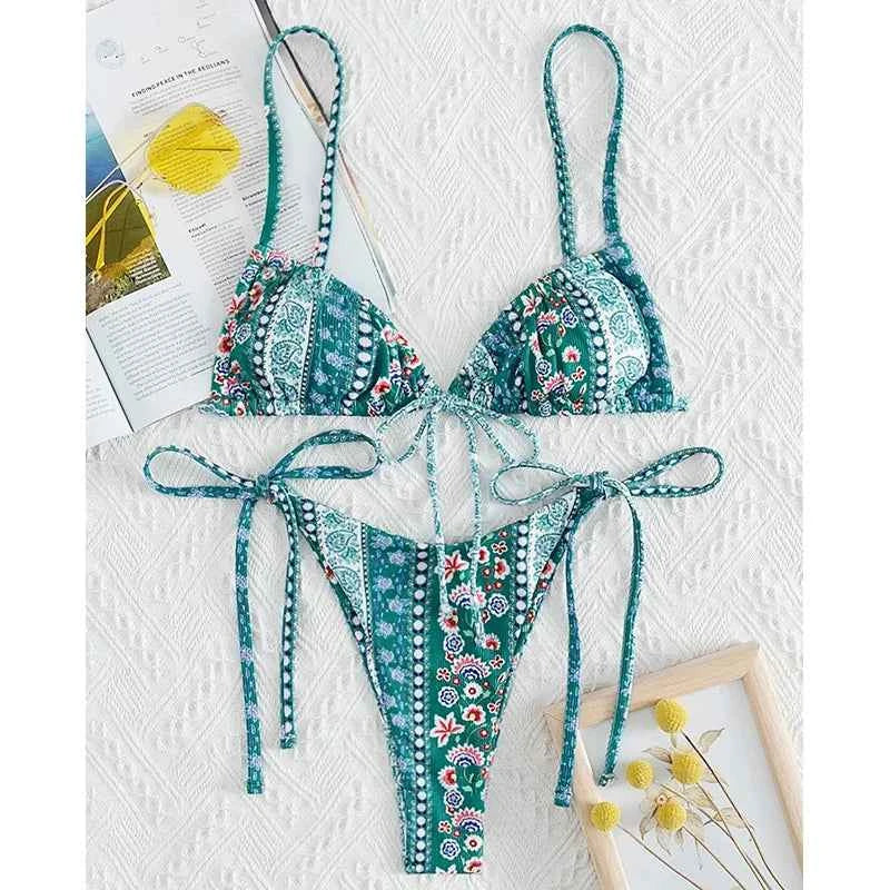 BIQIUYYI New Floral Print String Bandage Bikinis Triangle Cup Push Up Swimsuit Women Bathing Suit Beachwear Halter Swimwear XS