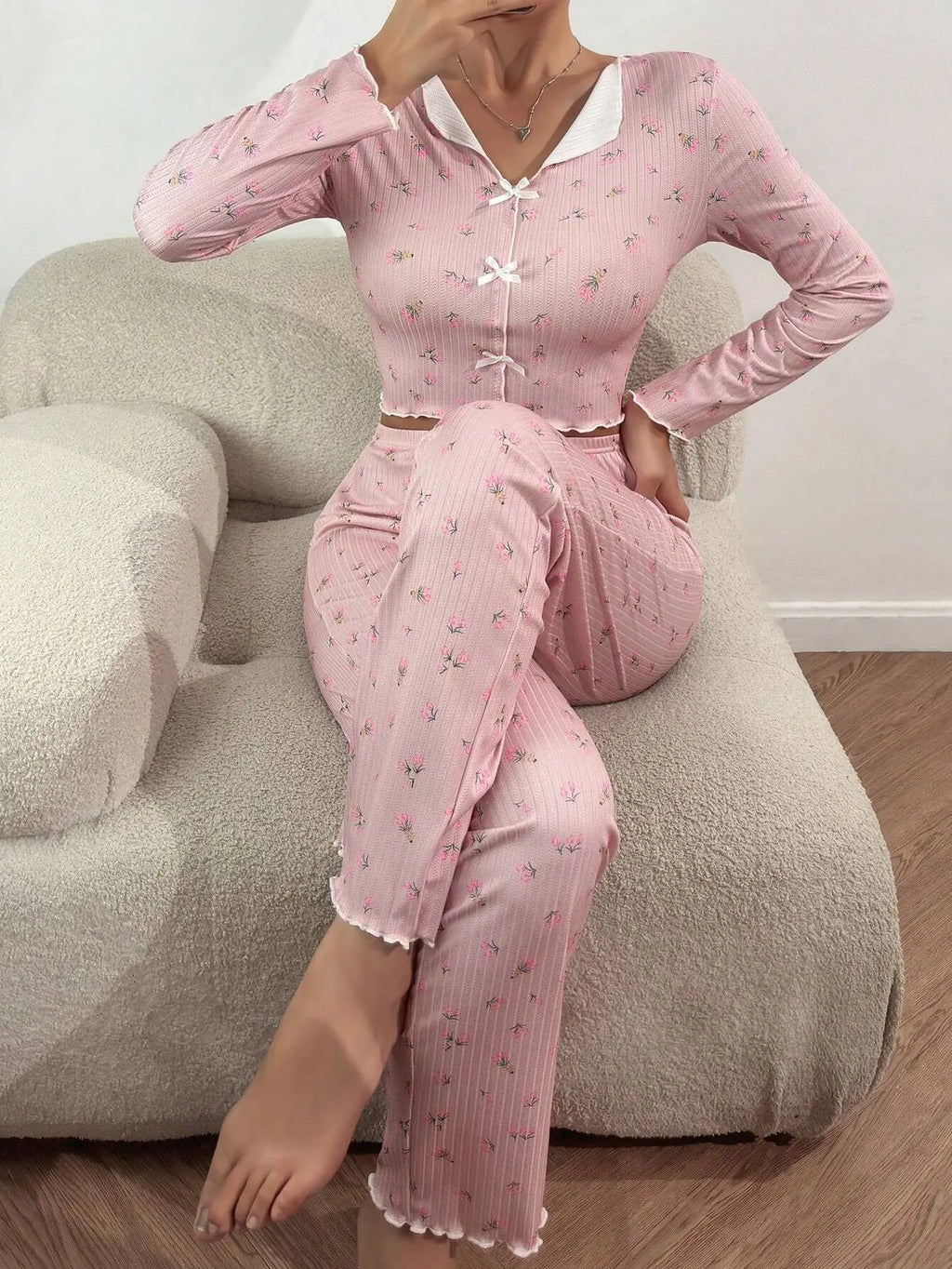 Y2K Cute Floral Ribbed Pajama Set Womens Long Sleeve V Neck Two Piece Sleepwear Homewear Autumn Winter Bow Lettuce Trim New Hot