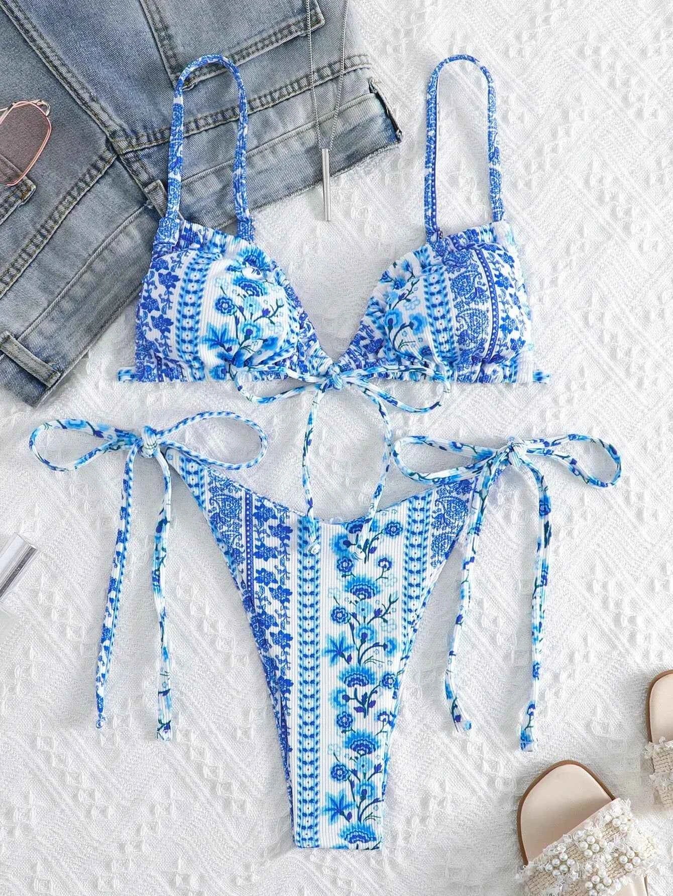 BIQIUYYI New Floral Print String Bandage Bikinis Triangle Cup Push Up Swimsuit Women Bathing Suit Beachwear Halter Swimwear XS