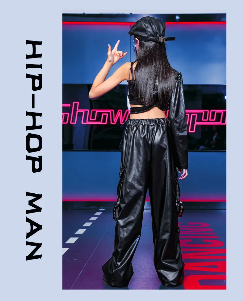 Kid Hip Hop Clothing T Shirt Crop Top Wine Red Arm Sleeve Faux Leather Casual Cargo Pants for Girl Jazz Dance Costumes Clothes