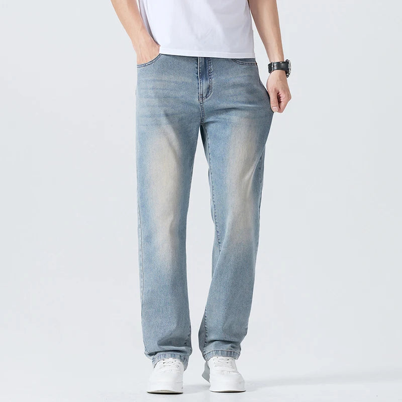 Men's Summer Thin Comfortable Jeans, Fashionable and Breathable Business Straight Pants, Loose Retro Casual Denim Trousers
