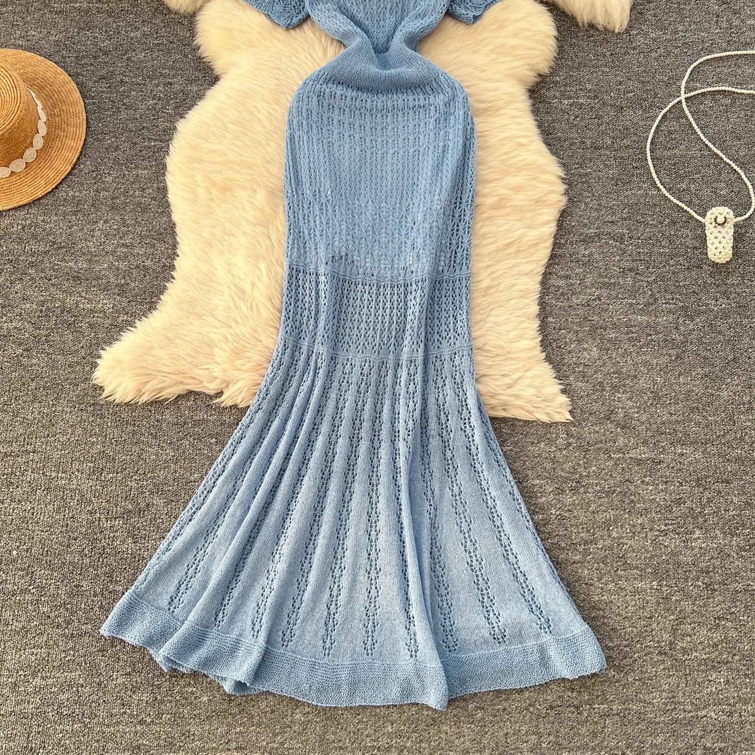 Women Hollow Knitted Dress Summer Flower Short Sleeved Fishtail Bodycon Dress with Camisole Dresses Vintage Party Long Robe
