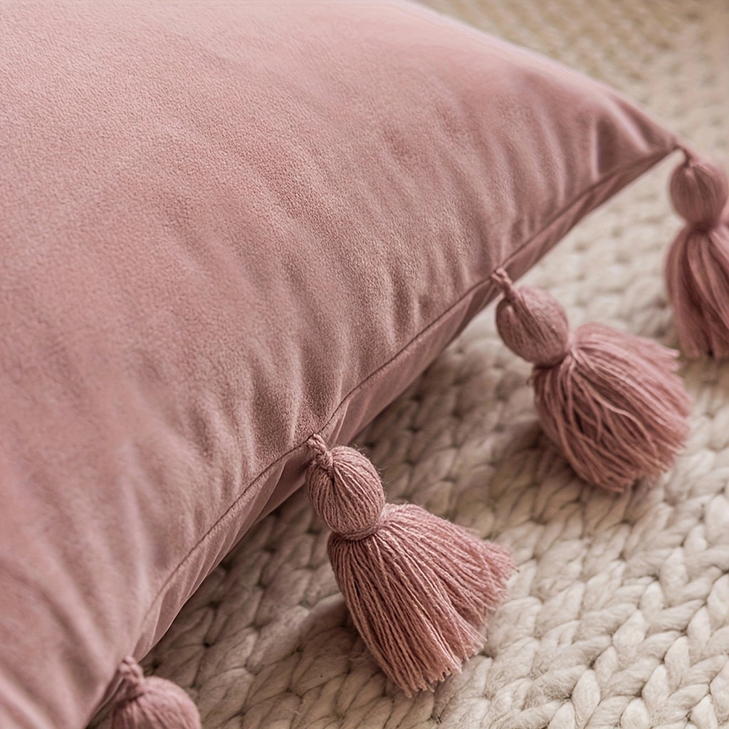 1pcSolid Decorative Throw Pillow Cover with Tassels Boho Accent Cushion Case for Couch Bedroom Car