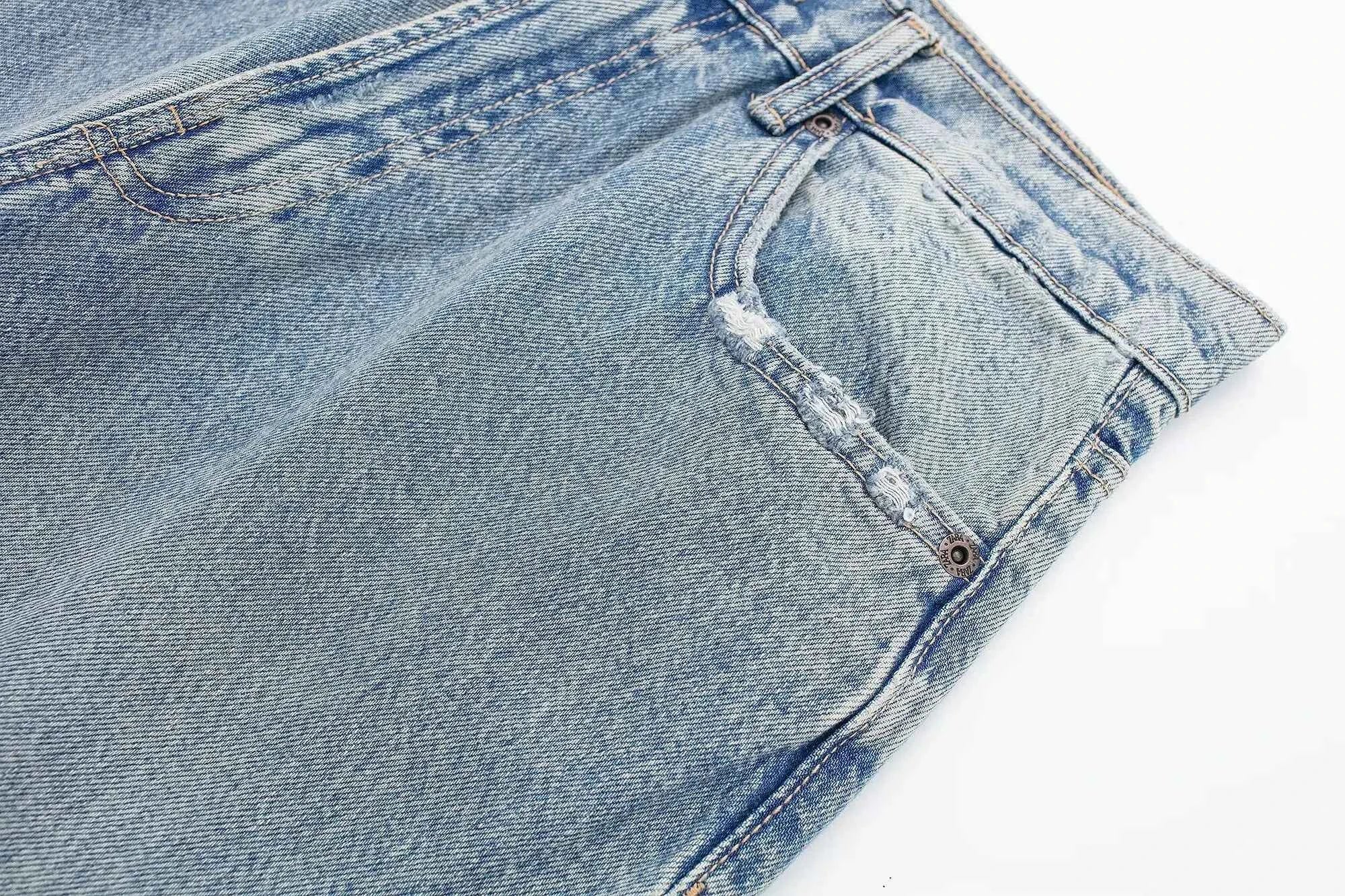 HH 2024 Women's Street Fashion Denim Blue Jeans Distressed Patchwork High Waist Zipper Fly Ripped Retro Long Pants