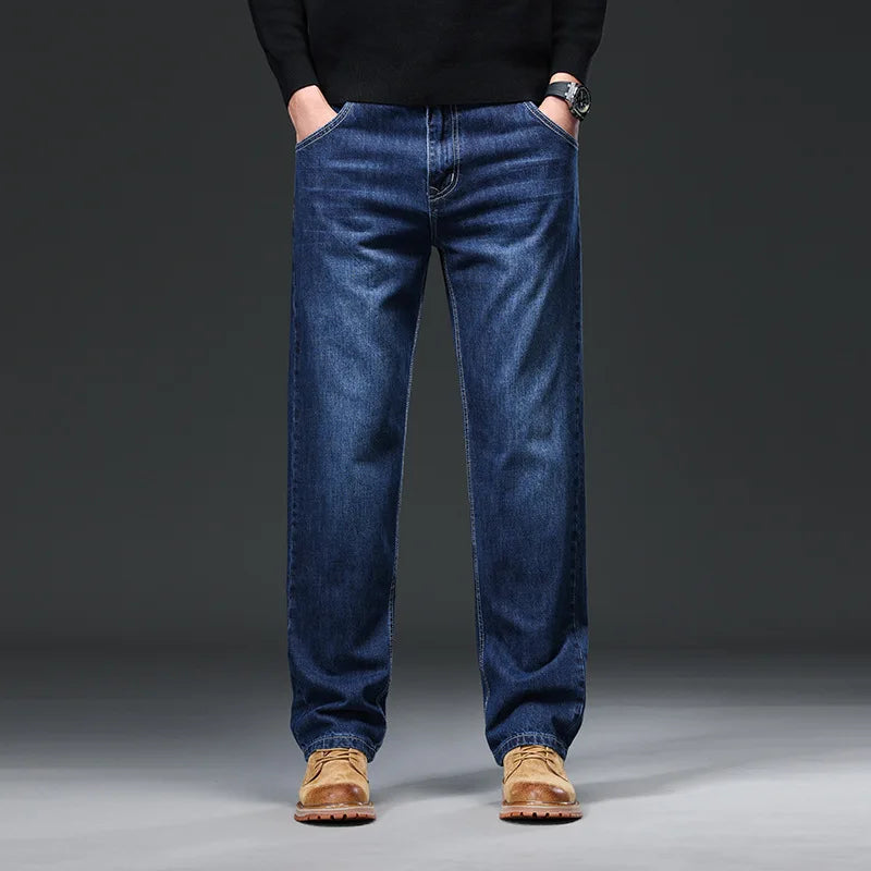 2026 Men Jeans 100% Cotton Thick Straight Plus Big Size 42 44 46 48 140KG Loose Classic Black Denim Trousers Casual Pants