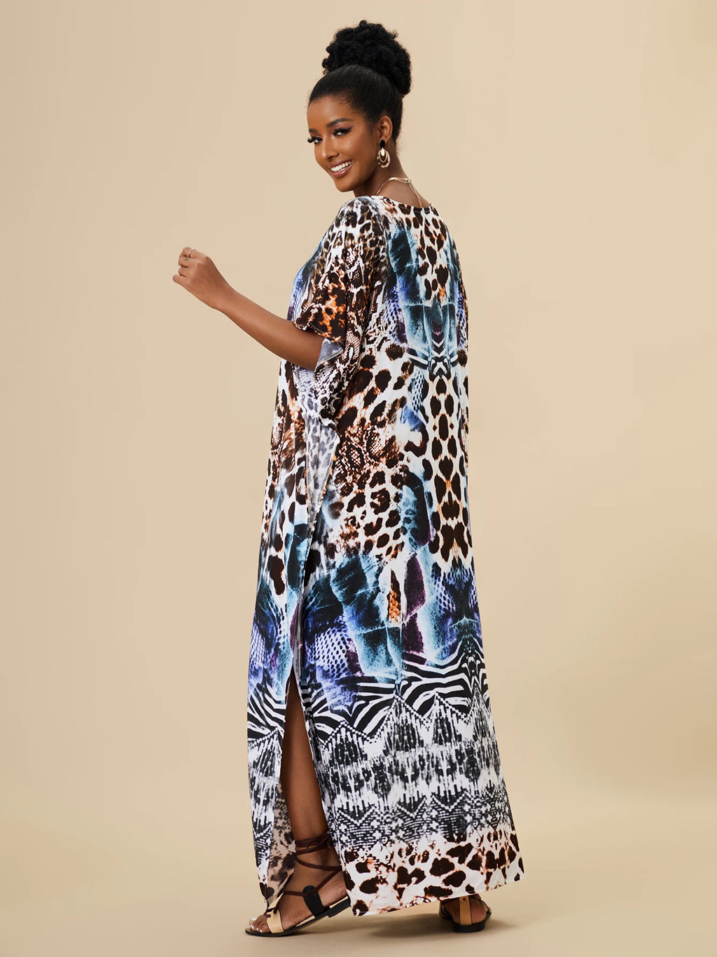 EDOLYNSA 2023 Bohemian Printed Loose Kaftan Casual Summer Vacation Maxi Dress Women Clothing Beach Wear Swim Suit Cover Up Q1469