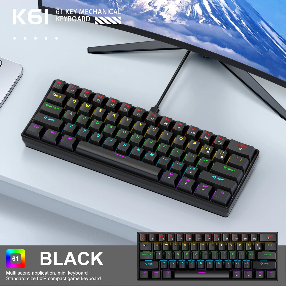 K61-Black Color 60% Mechanical Gaming Keyboard 61 Keys RGB Backlit