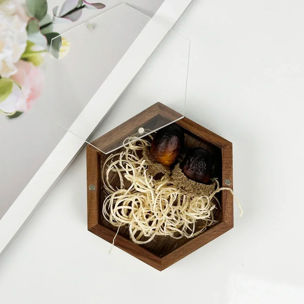 1PCS Creative Acrylic Board Hexagon Box Natural Wood Storage Wooden Box for Necklace Ring Gift Wooden Jewelry Organizer Cases