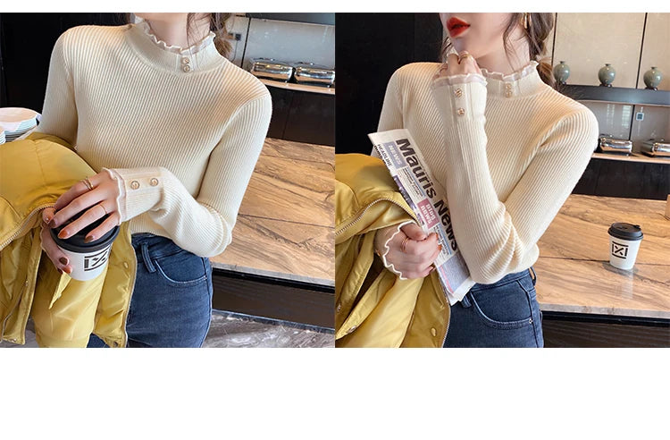 2026 Knitted Women Sweater O-neck Button Pullovers Autumn Winter Basic Sweaters for Female Pullover Slim Solid Bold Lace Tops