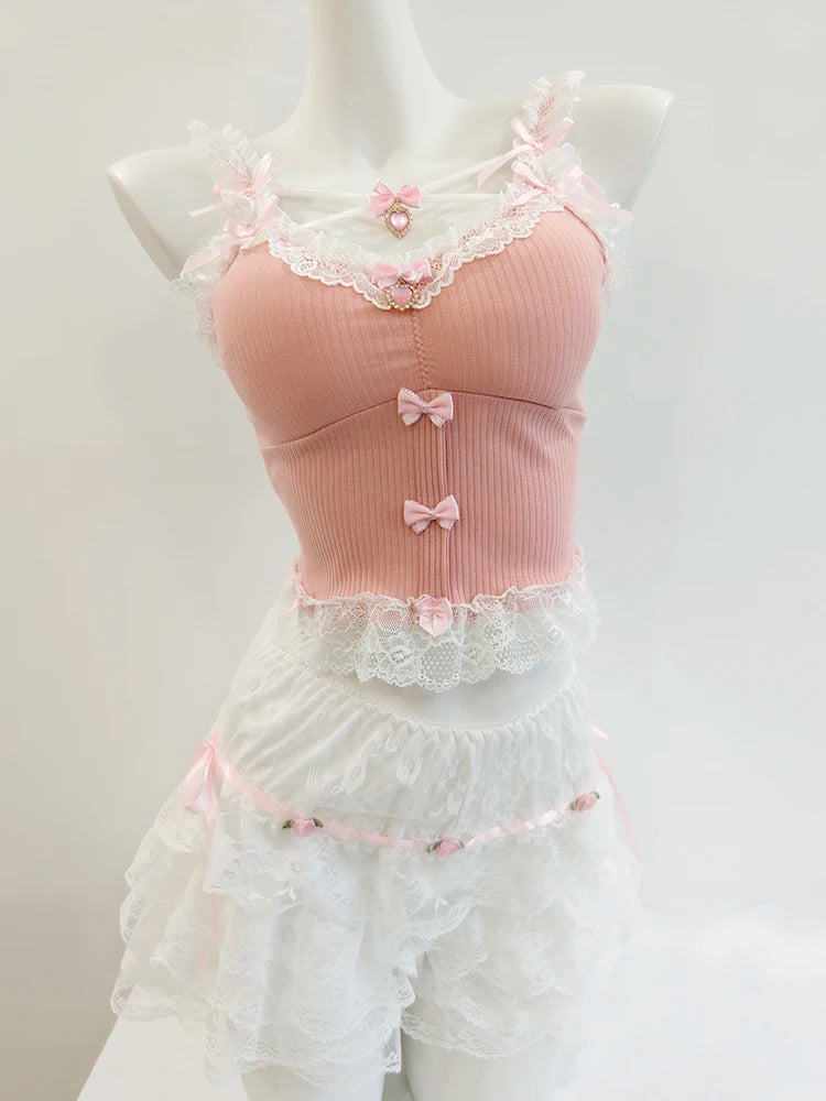 Sweet Crop Top Women Lace Trim Cotton Cropped Bows Bead Decoration Pink White Cute Camis Sweet Girls Lolita Style Kawaii Clothes