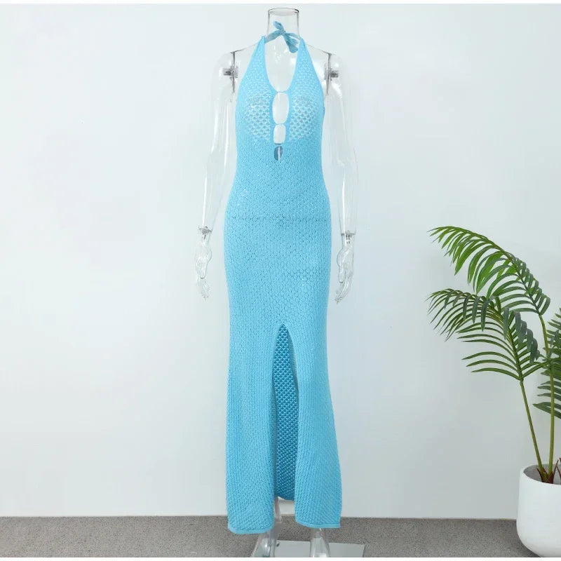 Sexy Deep V-neck Cut Out Halter 2026 Summer Women Knit Back Tie Up Slit Bodycon Beach Maxi Dress Swimsuit Swimwear Coverup A3027