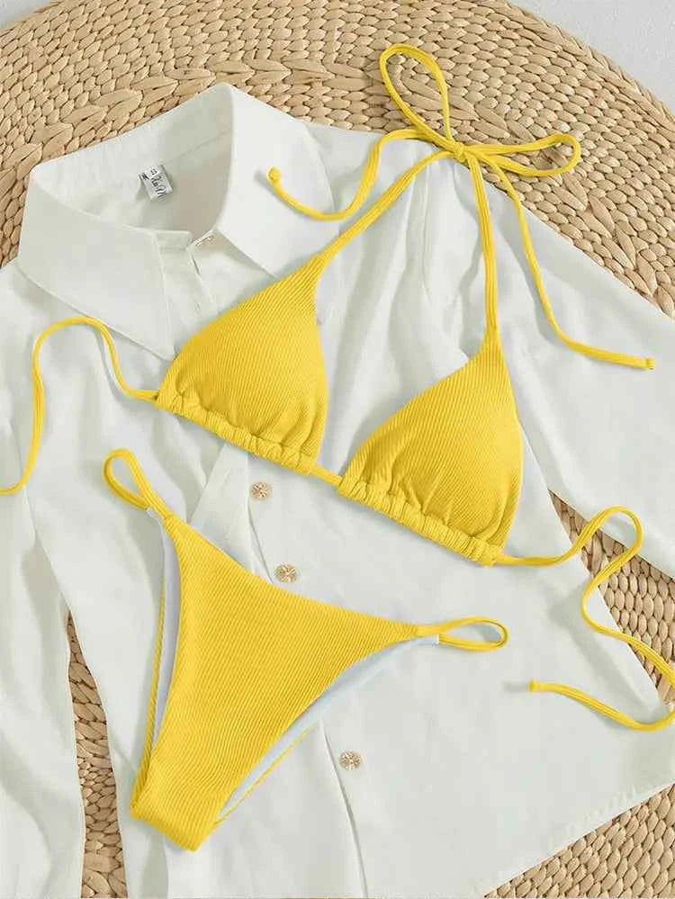 2025 Special Pit Stripe Fabric Bikini Set Women Sexy Simple Solid Halter Bikini Swimsuit High Waisted Lace Up Beach Bathing Suit