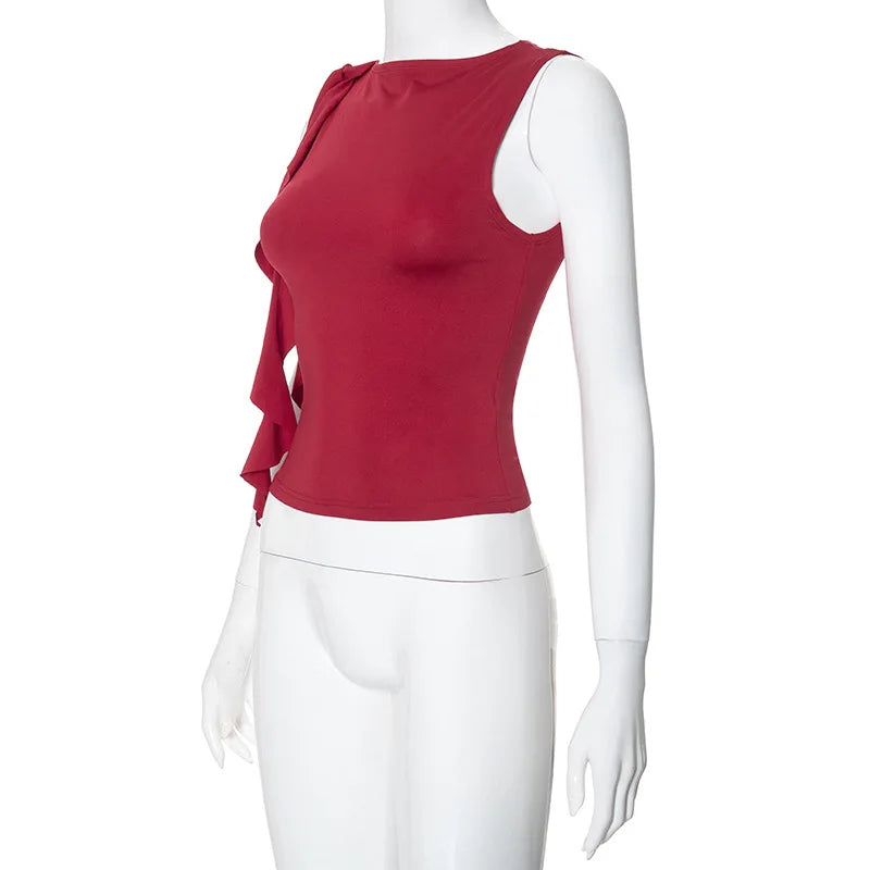 Summer Women'S Solid Color Vest Fluttering Tassel Sleeveless Slim Pullover Round Neck T-Shirt Casual Street Wear Y2K