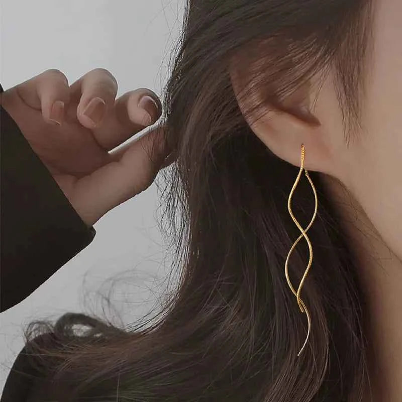 Long Spiral Ear Line Wave Drop Geometric Simple Rhinestones Metal Style Tassel Dangle Earrings for Women Party Fashion Jewelry N
