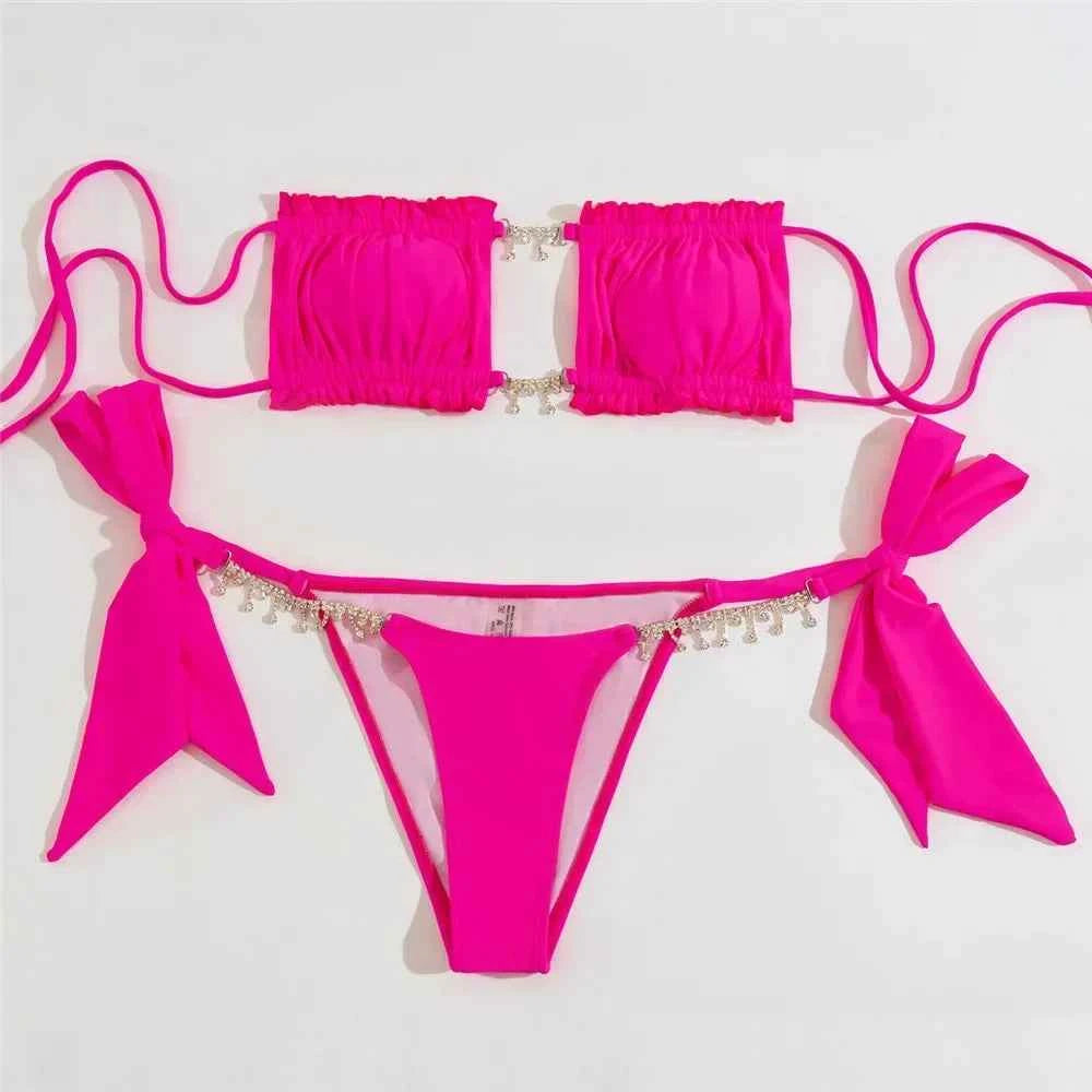 Sexy Rhinestone Chain Micro Thong Bikini Women Swimwear Ruffled Bandeau Swimsuit Knotted Bathing Swimming Suit Bikinis Sets 2026