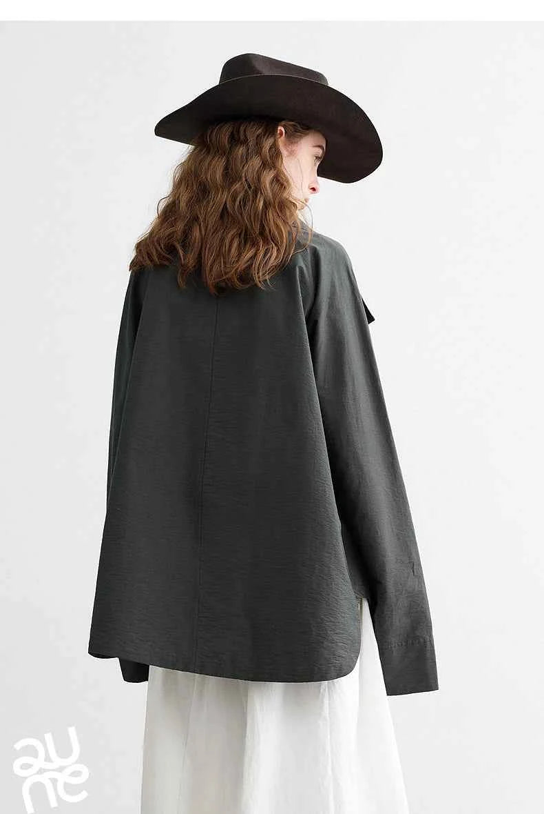 TOYOUTH Women's 2026 Spring New Loose Stand-Collar Utility-Style Lightweight Jacket Coat with Slub Wrinkle Texture