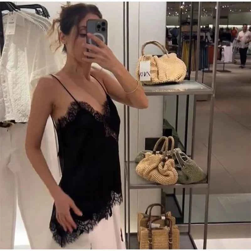 Summer Women Halter Top Satin Lace Spliced Tank Backless Deep Neck Sexy Vest Irregular Hem Vestidos 2025 Lady Vacation Sexy Tops
