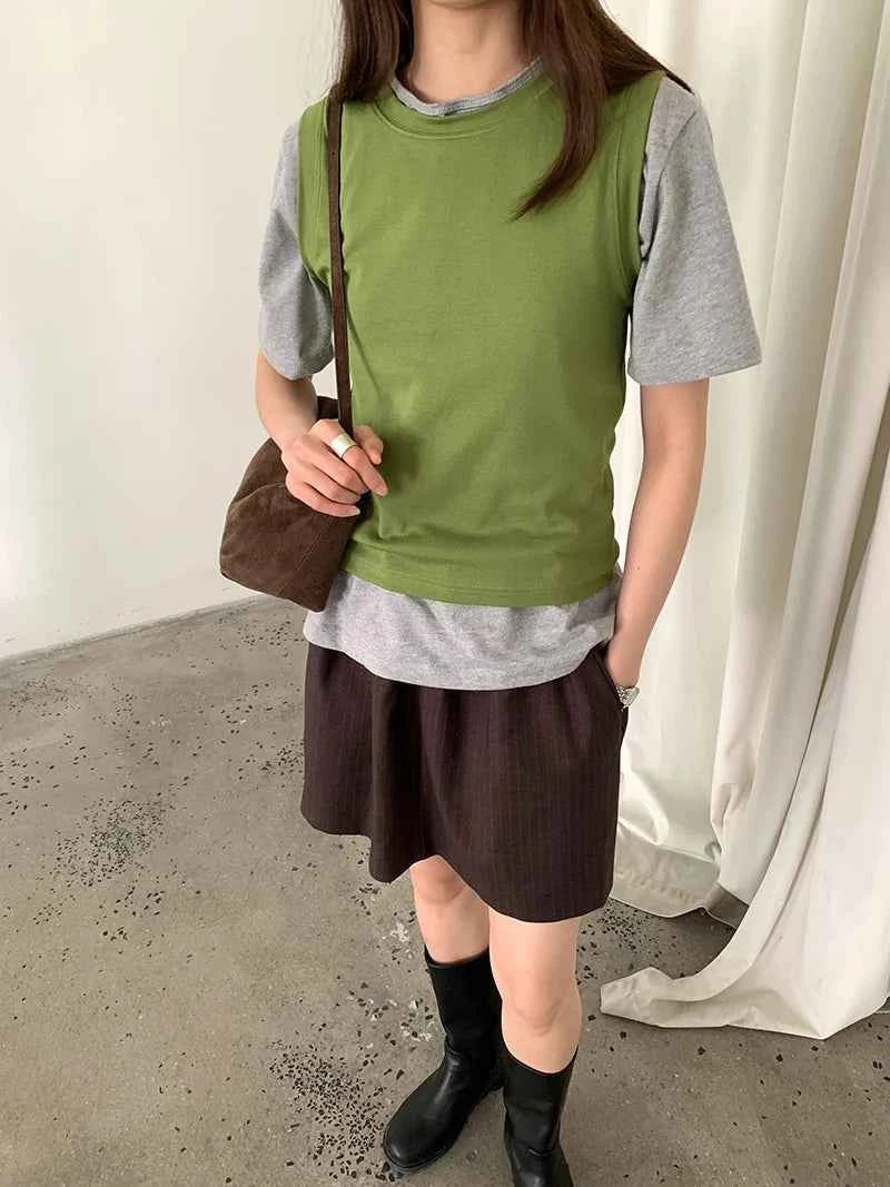 Spring women's casual solid color round neck slim fit vest