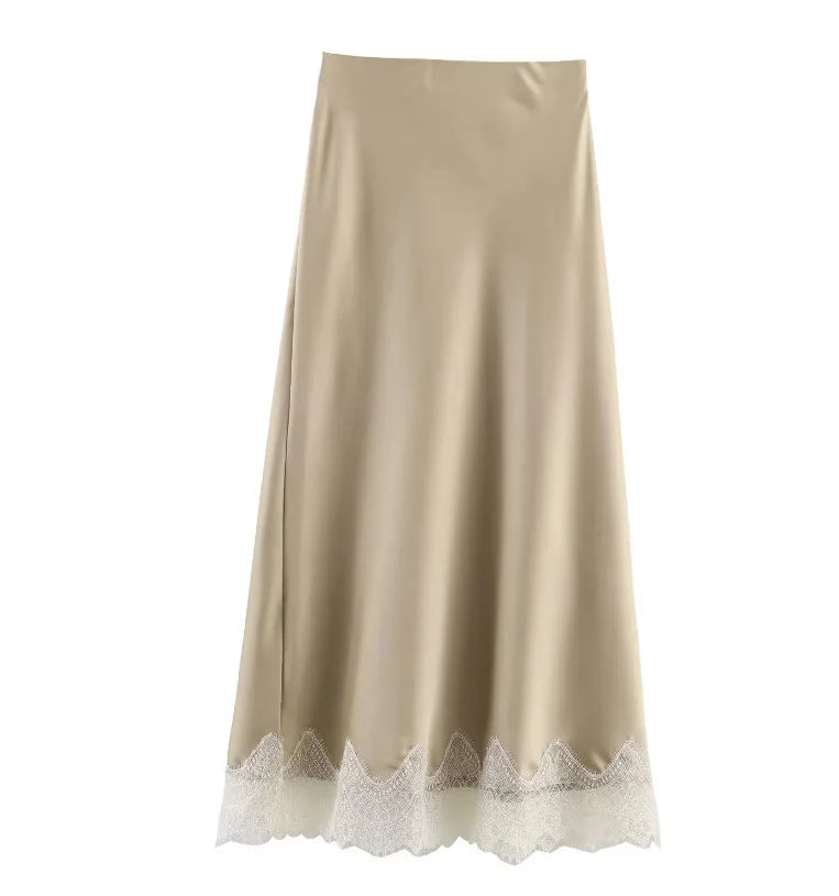 SAW Independent Station Sexy Lace Patchwork Satin Feel Mini Skirt Autumn Fashion Trendy Polyester Fiber Long A-Line Skirt