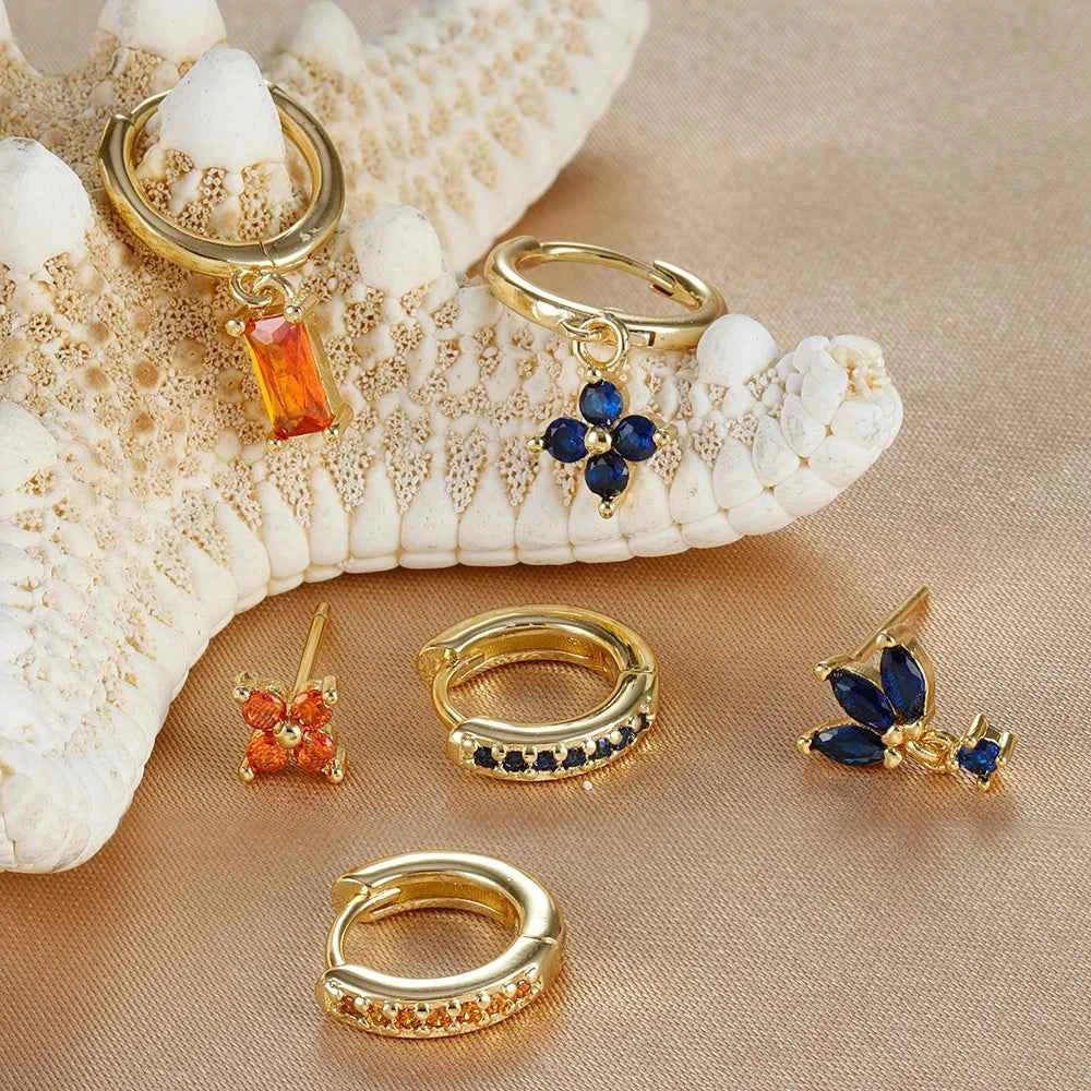 3PCS Fashion Orange Blue Zircon Hanging Earrings Set for Women Stainless Steel Flower Dangle Earring Piercing Jewelry