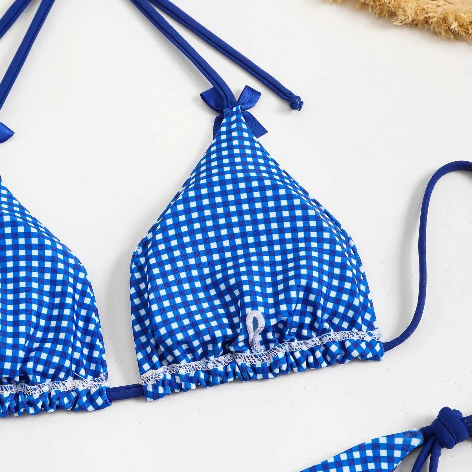 Circyy 2026 Bathing Suit Women Plaid Dot Split Swimsuit Neck-mounted Bow Tie Beachwear Vintage Simple Two-piece Bikinis Summer