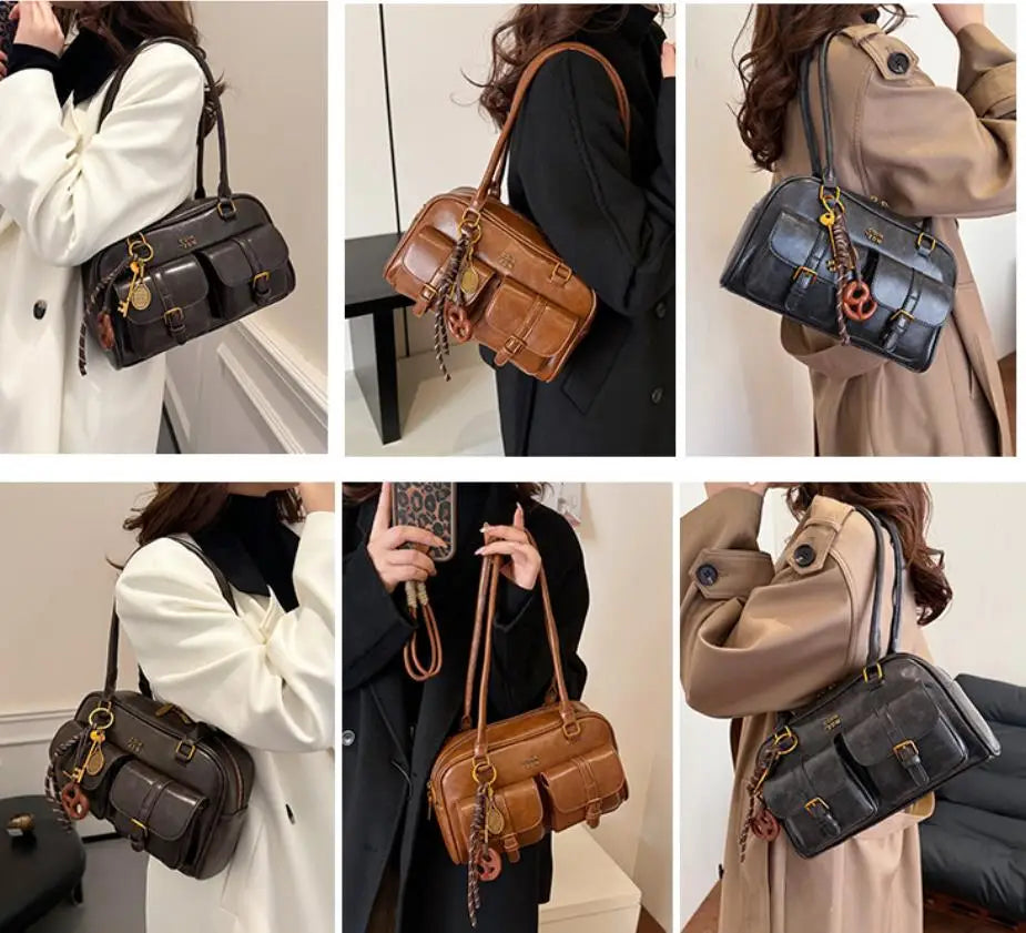 Women Multi Pocket Shoulder Tote Bag with Golden-Tone Hardware & Letter, Stylish Handbag Purse for Travel, Work, Shopping, Dates