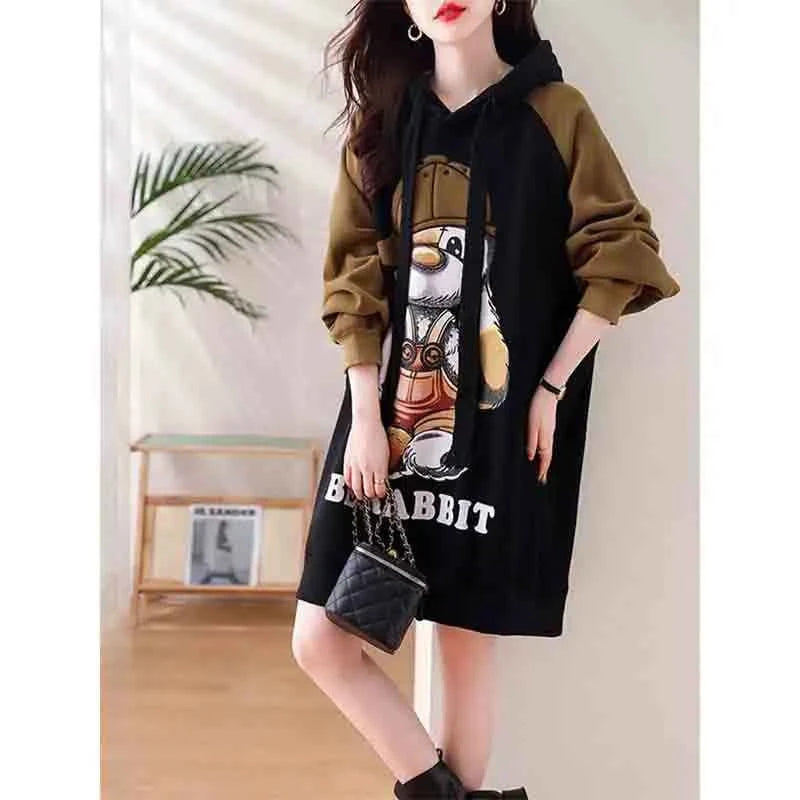 Winter Women Clothing Oversized Cartoon Fleece Dress New Hooded Drawstring Thicken Warm Female Casual Midi Long Sleeve Dresses