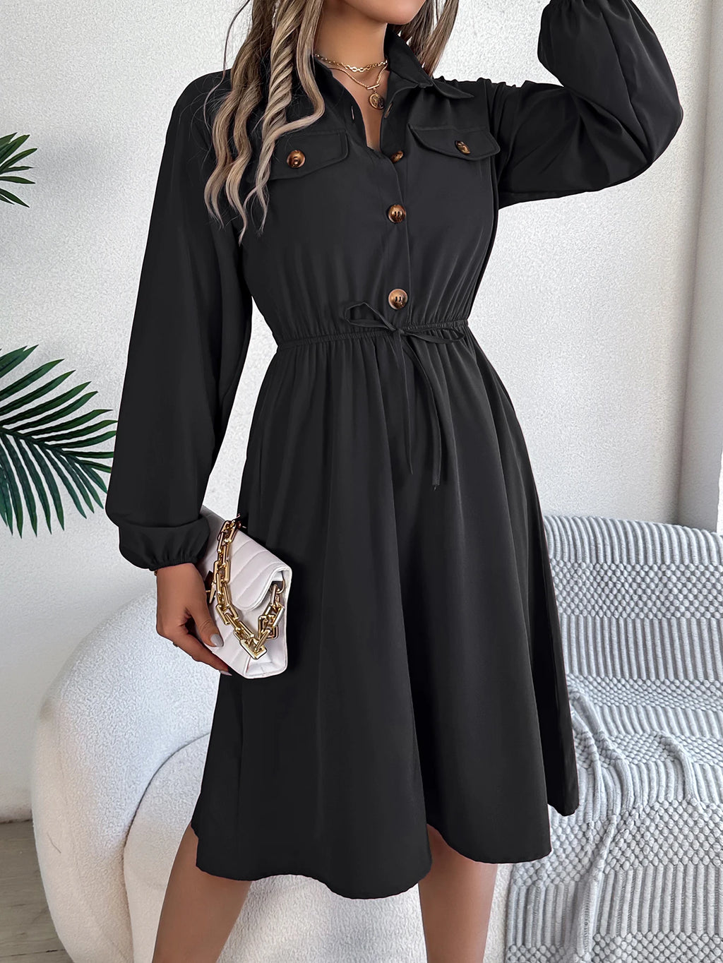 Autumn Winter Dresses for Women Casual Solid Color Button Tie Up Long sleeved Shirt Dress Blue  Green Black Red Woman Clothing