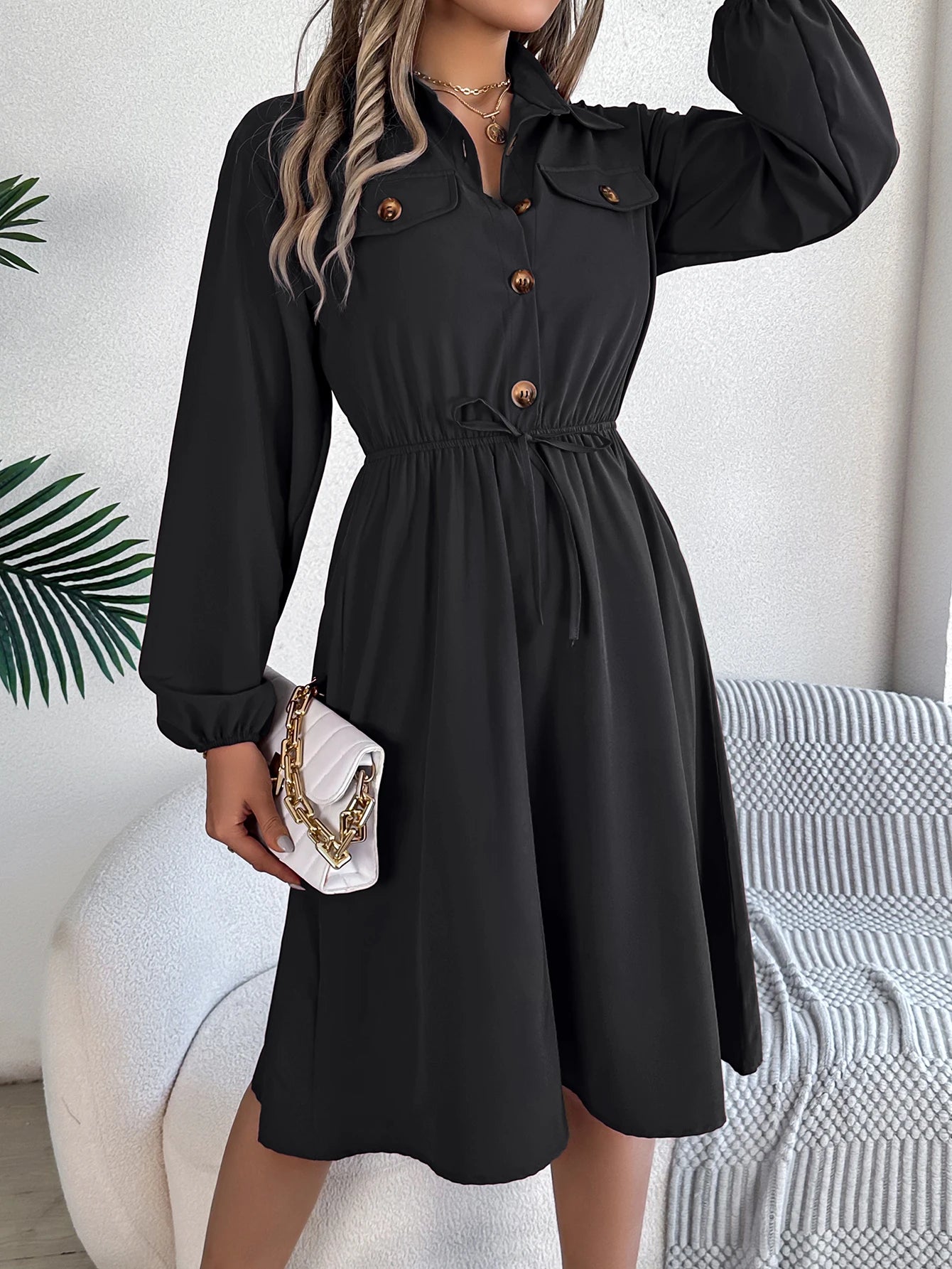 Autumn Winter Dresses for Women Casual Solid Color Button Tie Up Long sleeved Shirt Dress Blue  Green Black Red Woman Clothing