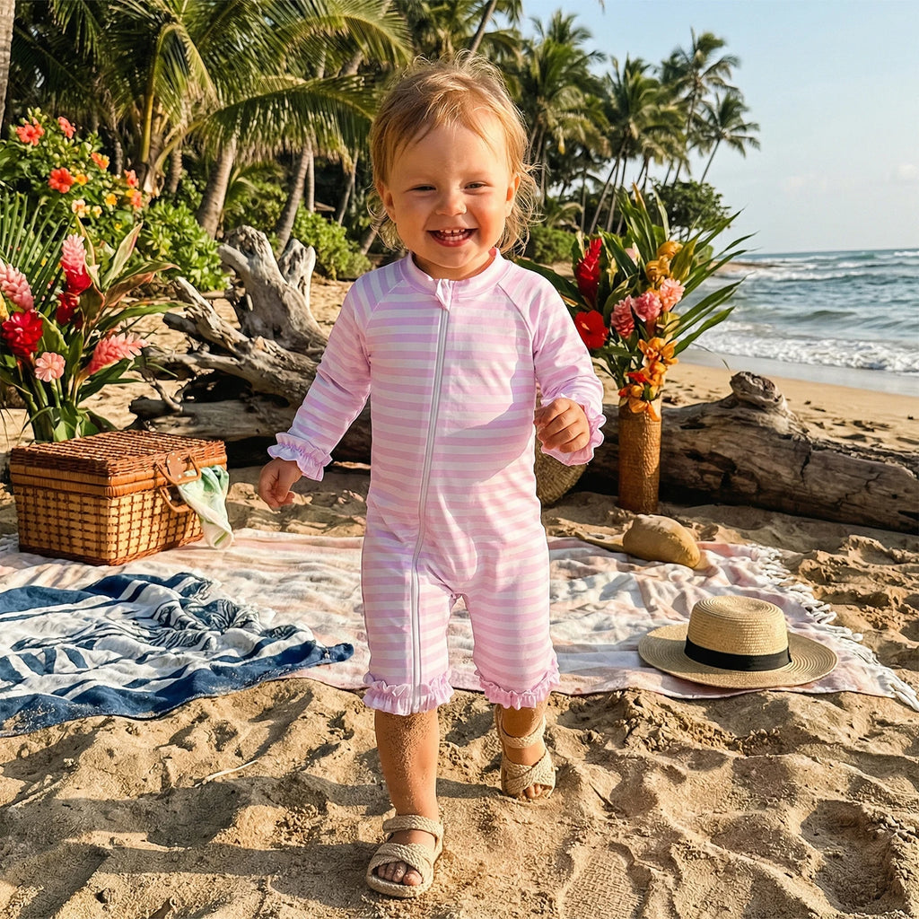 Toddler Baby Girl Summer Rash Guard Swimsuit Solid Color Print Long Sleeve Round Neck Romper Swimwear for Pool Beach