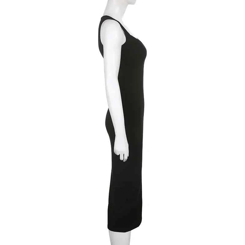 Myufon Basic Knit Long Dress Korean Fashion Square Collar Sleeveless Women's Dresses Summer Casual Y2k Vintage All-match Outftis