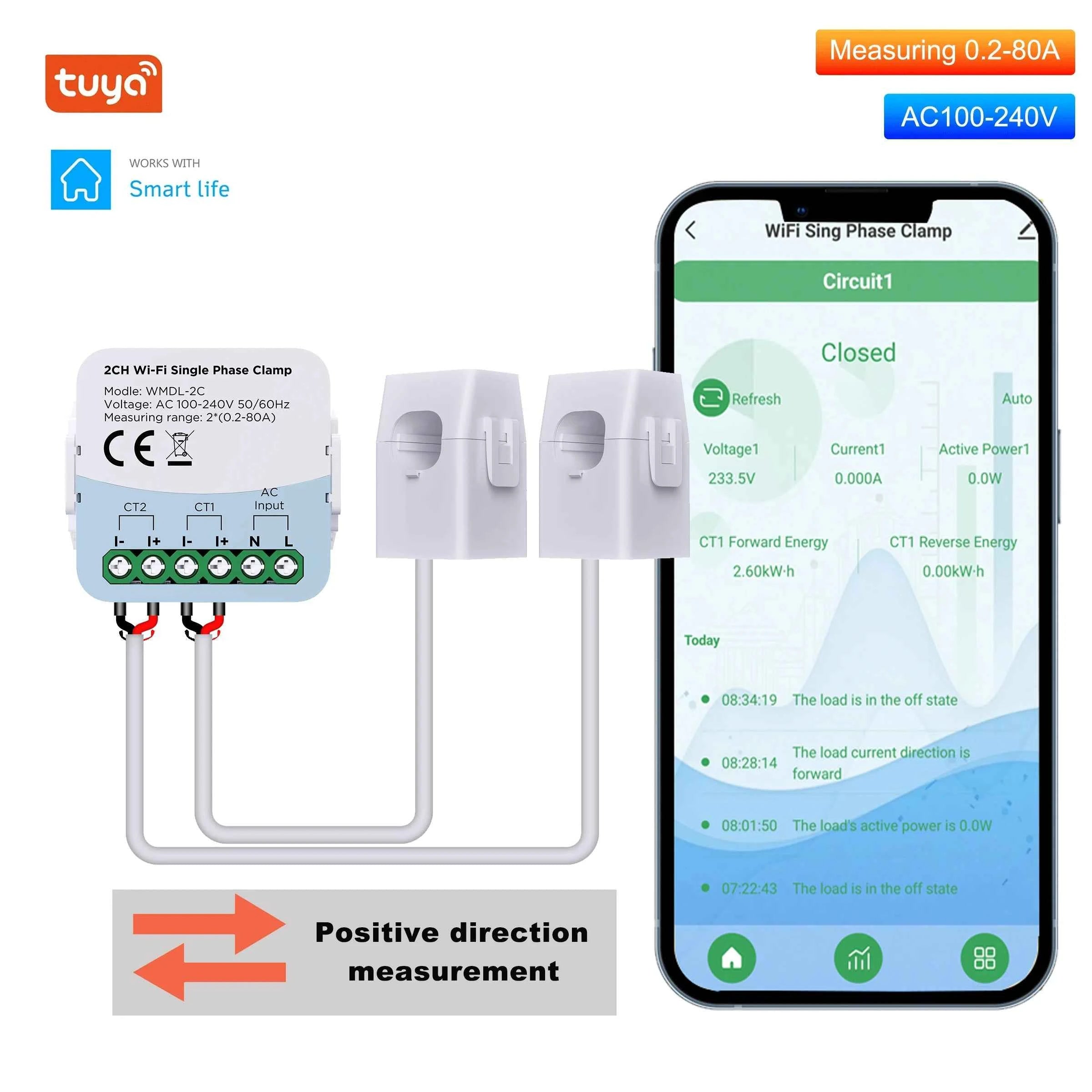 Tuya Smart Energy Meter WIFI Bidirection 2 Channel with Current Transformer Clamp App Monitor Power 80A 110V/240V