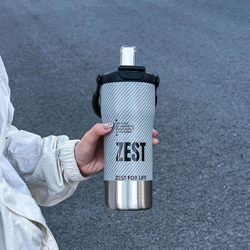 1pc Minimalist Sports-Style Insulated Water Bottle with Straw, 600ML with Handle, Lid Supporting Both Straw & Direct Drinking