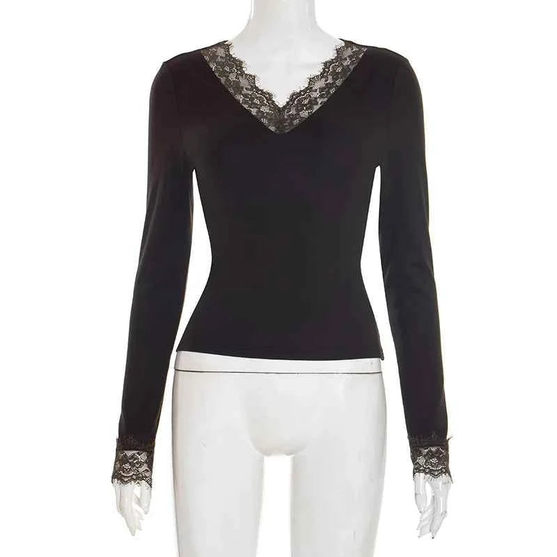 Women's V-neck Lace Splicing Top European American Style Autumn New Waist Exposed Umbilical Fashionable Casual Wear