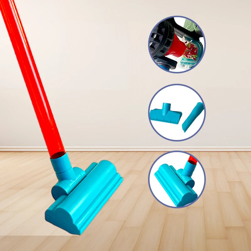 Kids 3-in-1 Toy Vacuum Cleaner – Light & Sound Stick/Handheld, Detachable Debris Bin, Cyclone Beads, 2 Attachments, Role-Play Ho