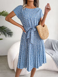 Ficusrong Fashion Floral Pleated A Line Long Dress Women Spring Summer Short Sleeve High Waist Chic Dress