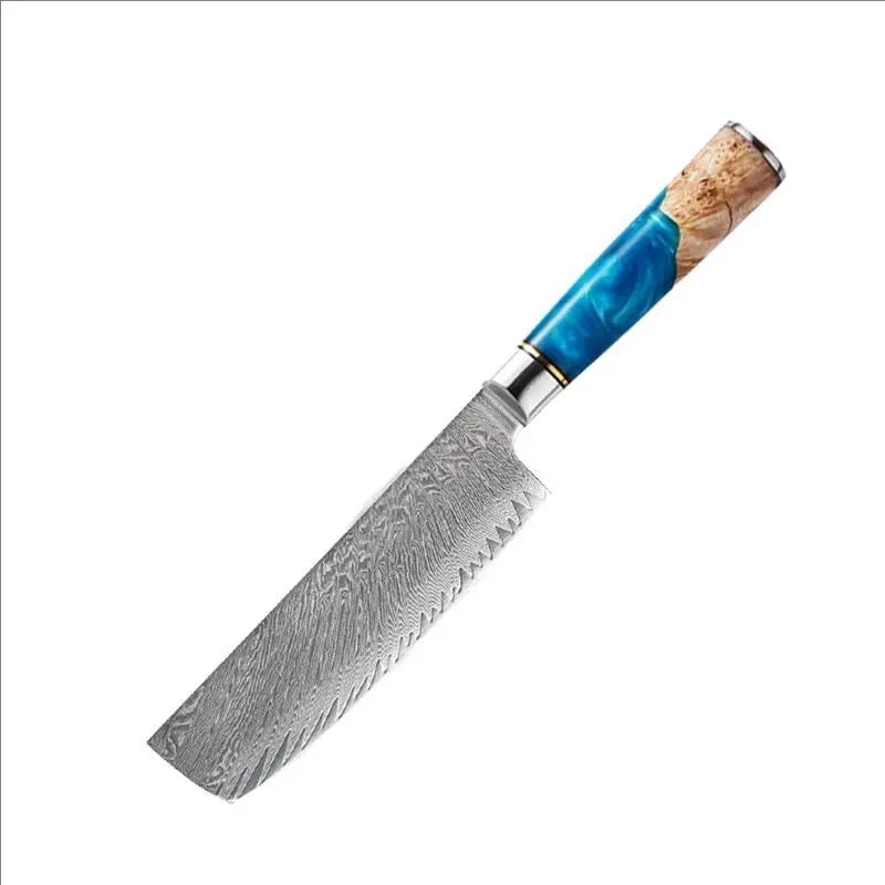 1-8pcs Professional kitchen knife set Damascus Steel Set for Meat Cutting Sushi Peeling and Boning Blue Resin Wood Handle