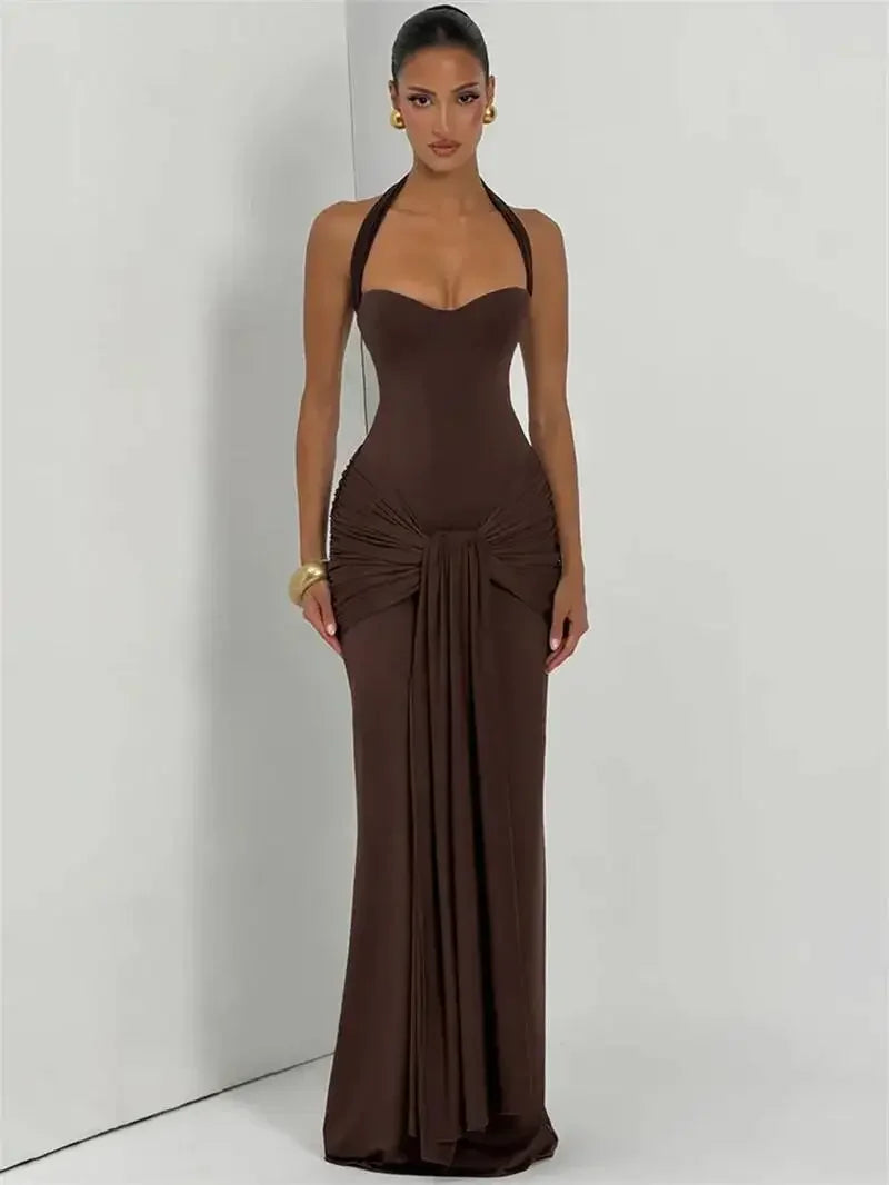 Sexy Backless Lace Up Halter Neck Maxi Dress Women Sleeveless Ruched Waist Draped Bodycon Dresses Party Evening Cocktail Robes