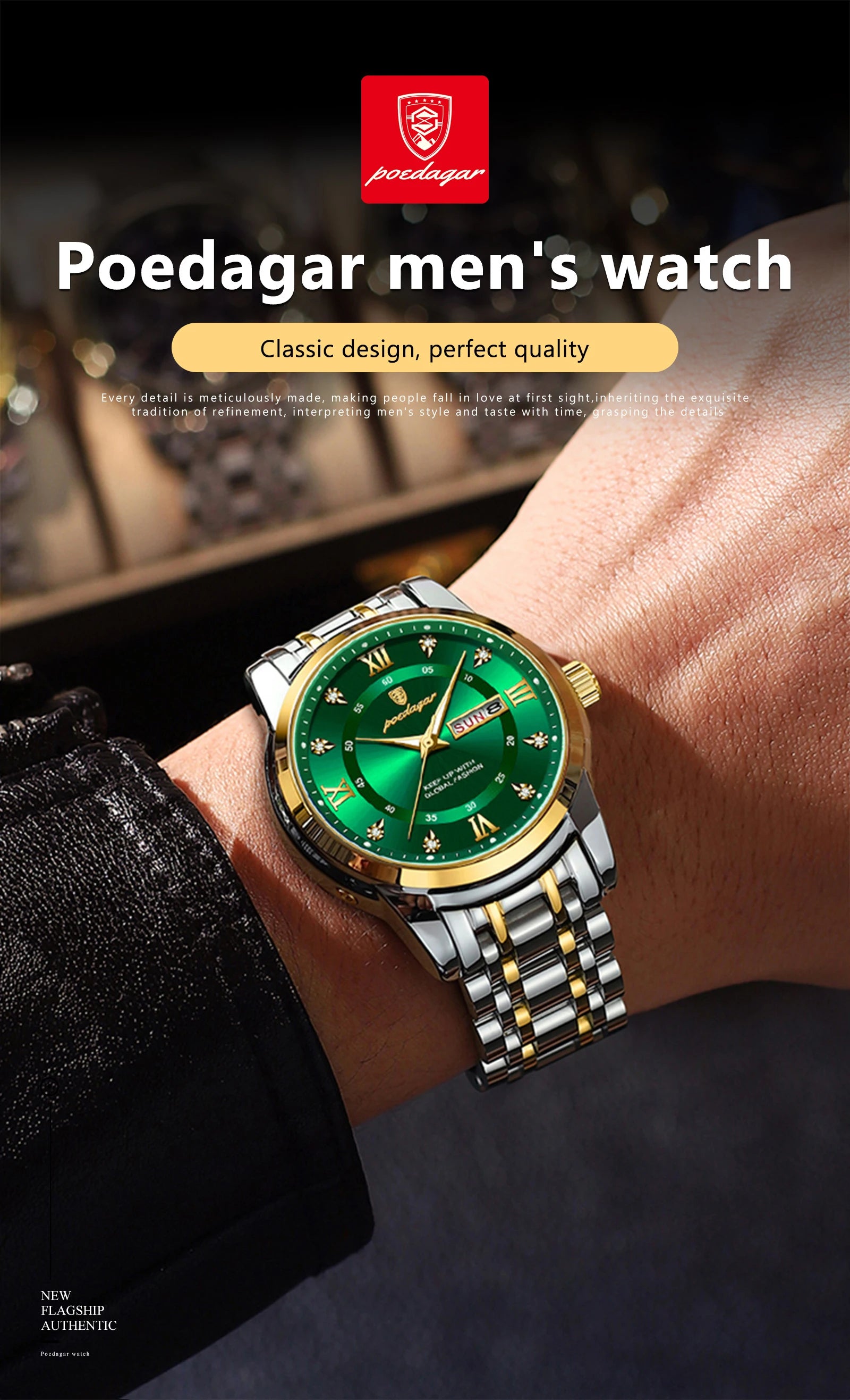 POEDAGAR Original Classic Man Watch Waterproof Luminous Date Week Watches for Men Quartz Stainless Steel Luxury Men's Wristwatch
