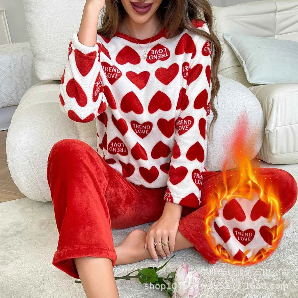 Thick and Warm Winter Flannel Sleepwear Soft Long Sleeved Pants Women's Pyjamas Set Heart-Shaped Pattern Student Nightwear