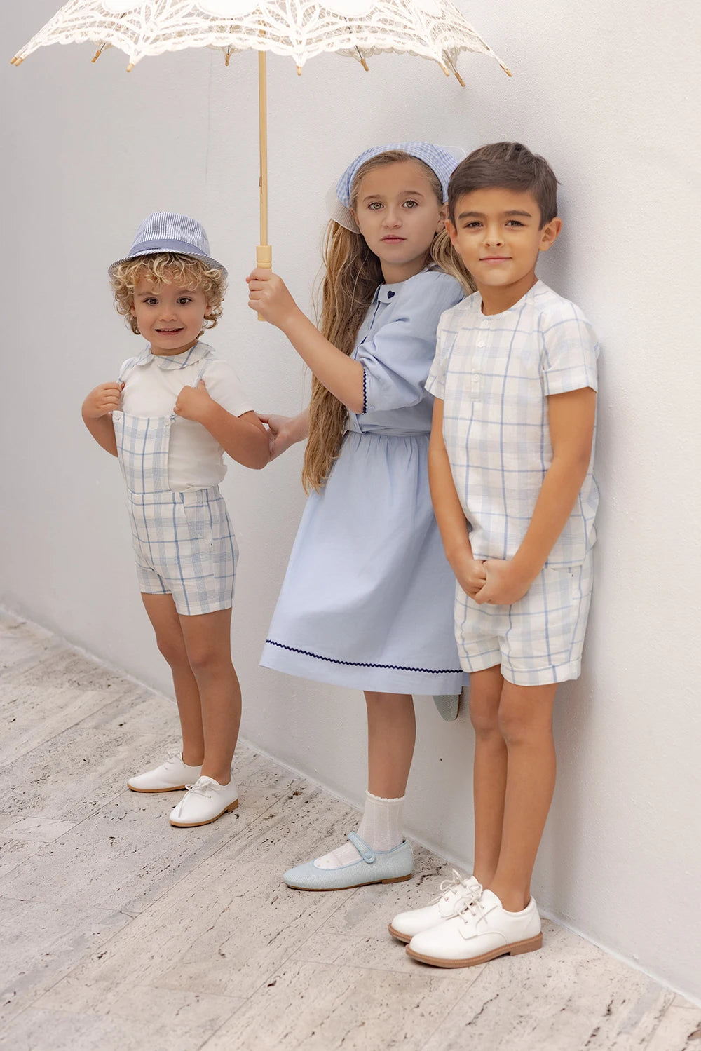 AP Barcelona Blue Collection Girls Dress Embroidery Brothers Sisters Family Matching Clothing Boys Plaid Set Knit Top
