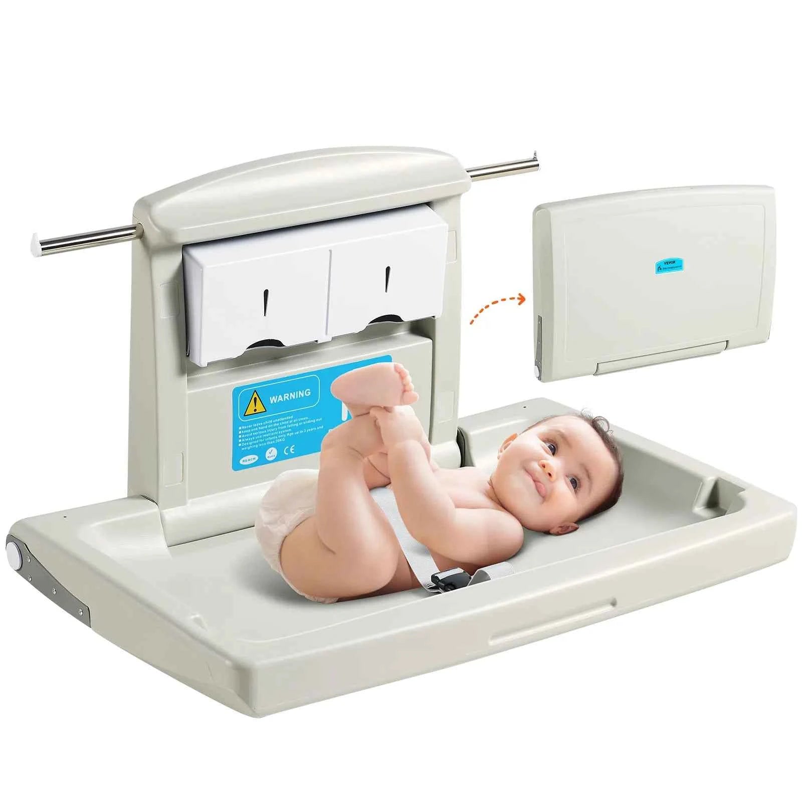 SucceBuy Wall-Mounted Baby Changing Station Horizontal Foldable Diaper Change Table Safety Straps and Hanging Rods for Newborns