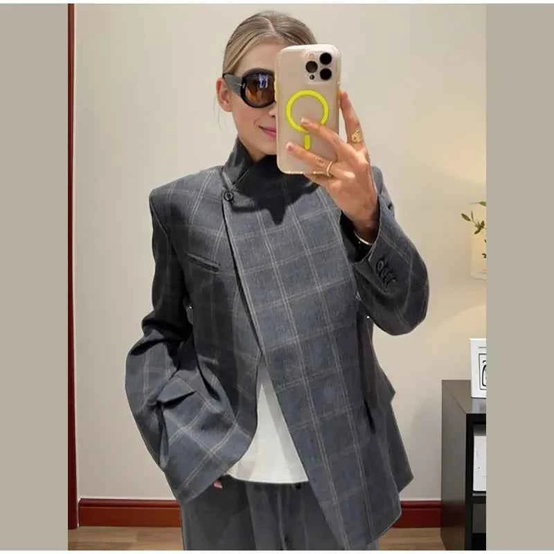 Irregular Plaid Blazer Jacket Women Fashion Stand Collar Full Sleeve Split Loose Short Jackets 2025 Lady Daily Commute Outwear